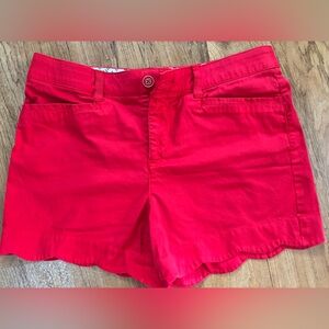 Intro Vibrant Red Stretch Shorts. Scalloped hem. 4inch inseam